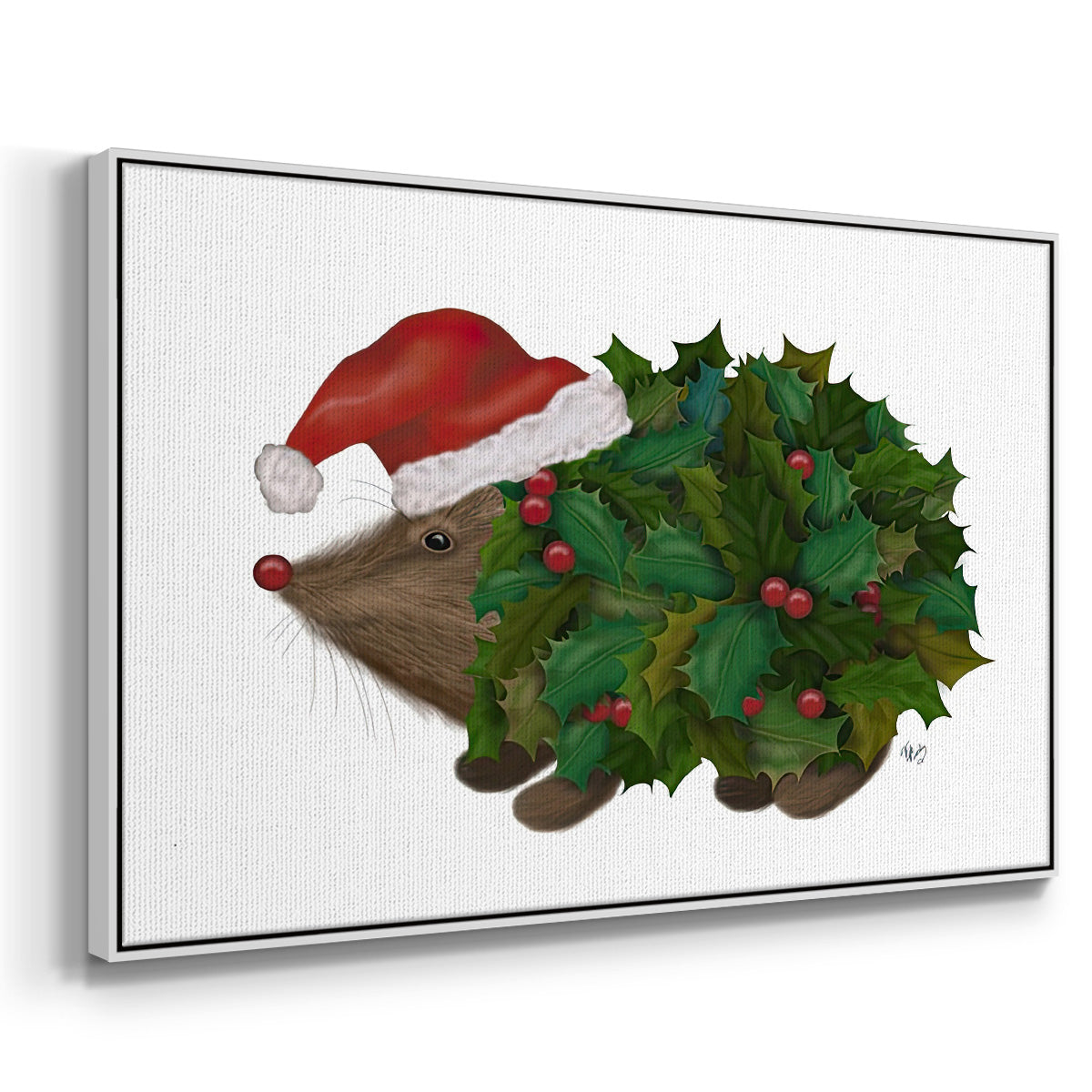 Christmas Holly Hedgehog - Framed Gallery Wrapped Canvas in Floating Frame