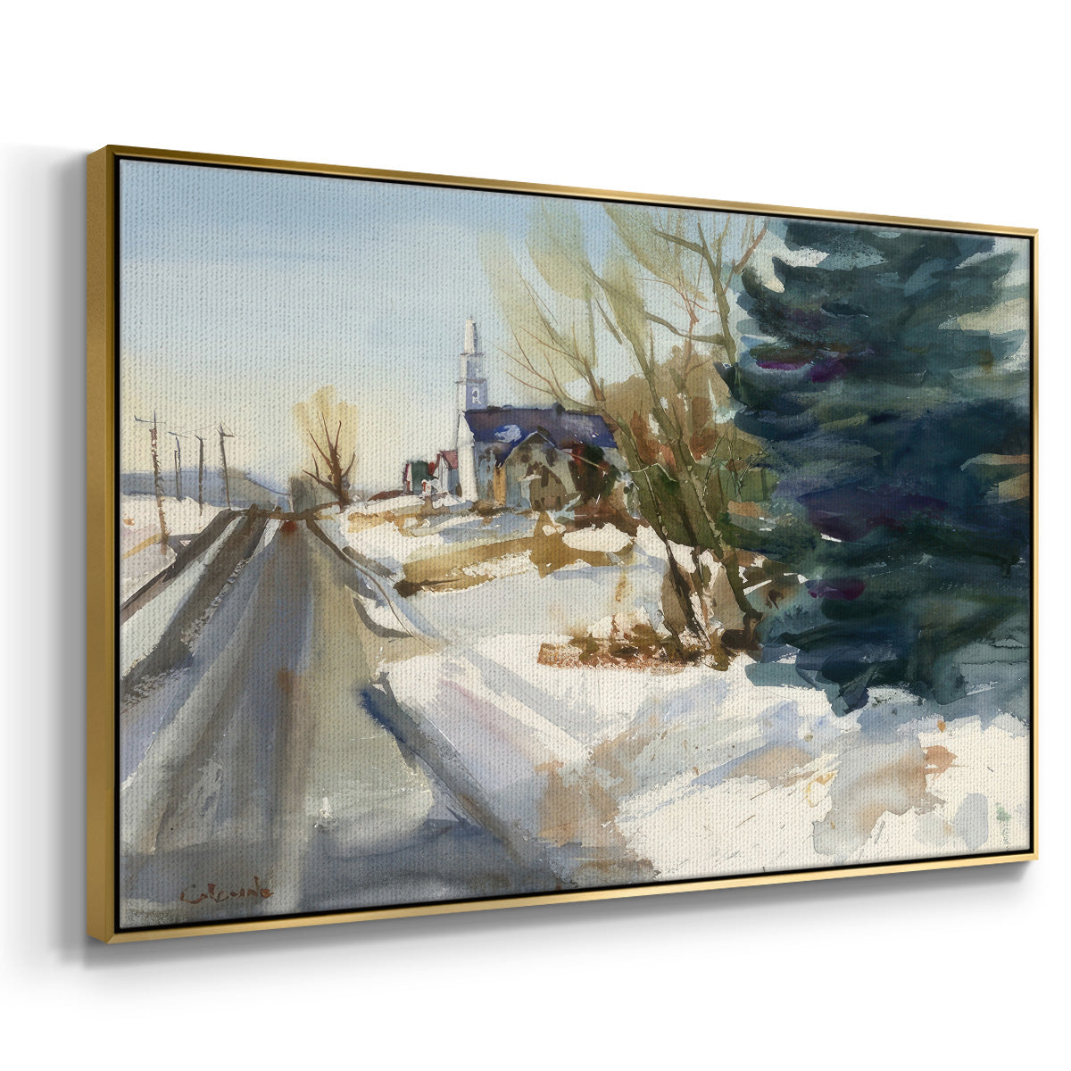 Congregational Church in Winter - Framed Gallery Wrapped Canvas in Floating Frame
