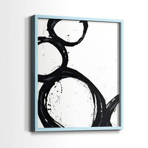 Colorful geometric landscape artwork depicting a coastal view with blue waters and green hills during daytime