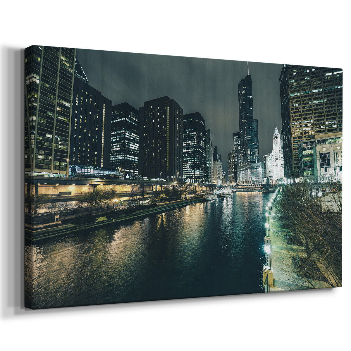 Chicago River at Night III - Gallery Wrapped Canvas