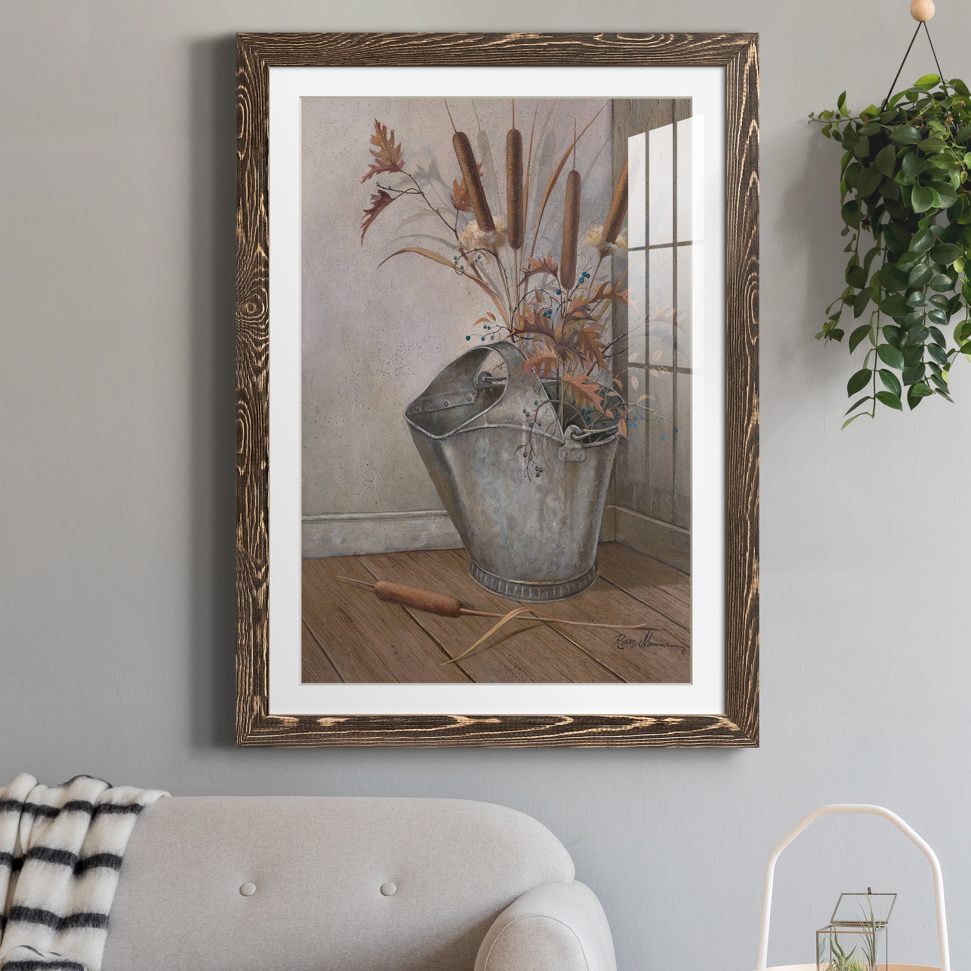 Berries & Cat Tails - Premium Framed Print - Distressed Barnwood Frame - Ready to Hang