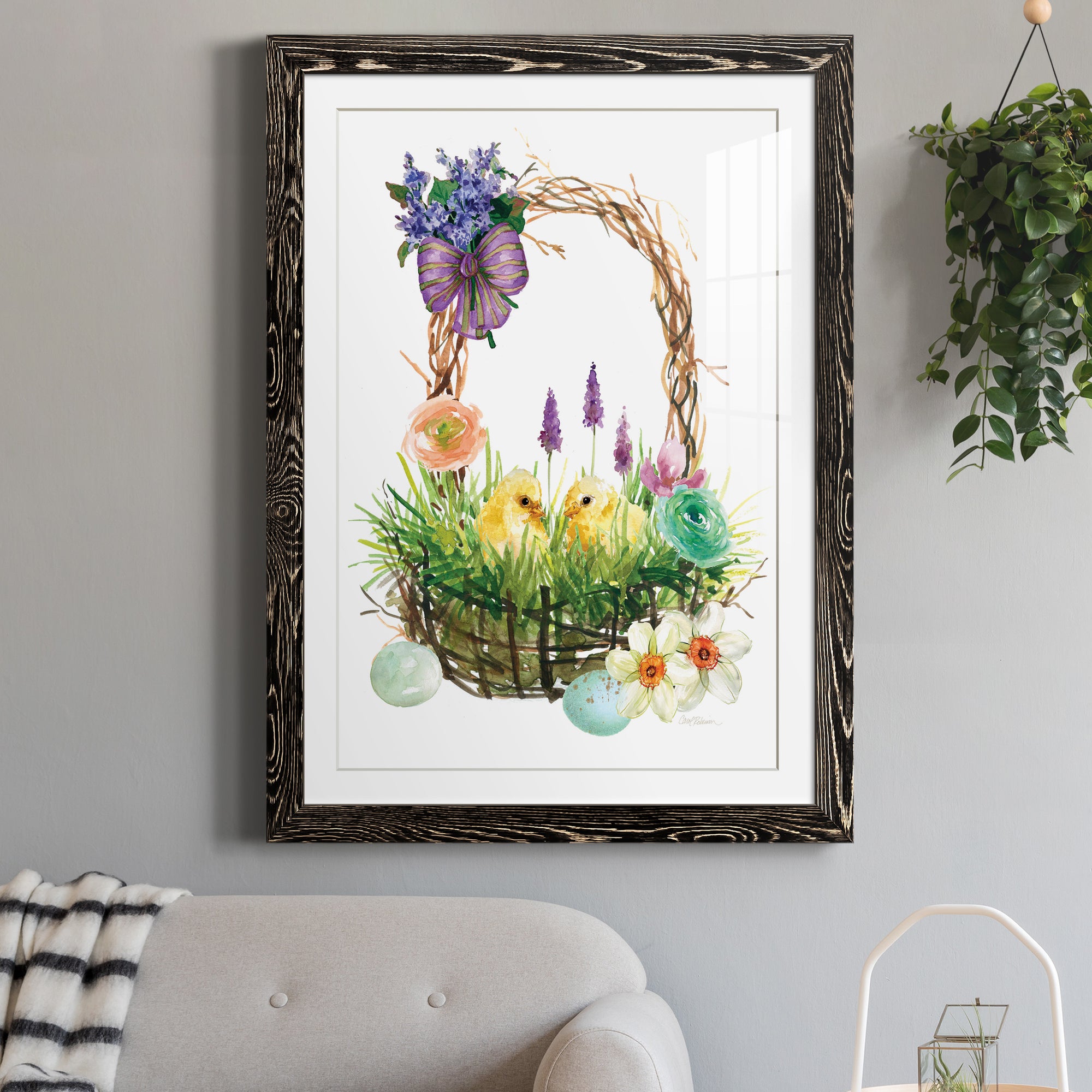 Spring Chick Basket - Barnwood Framed Art Print