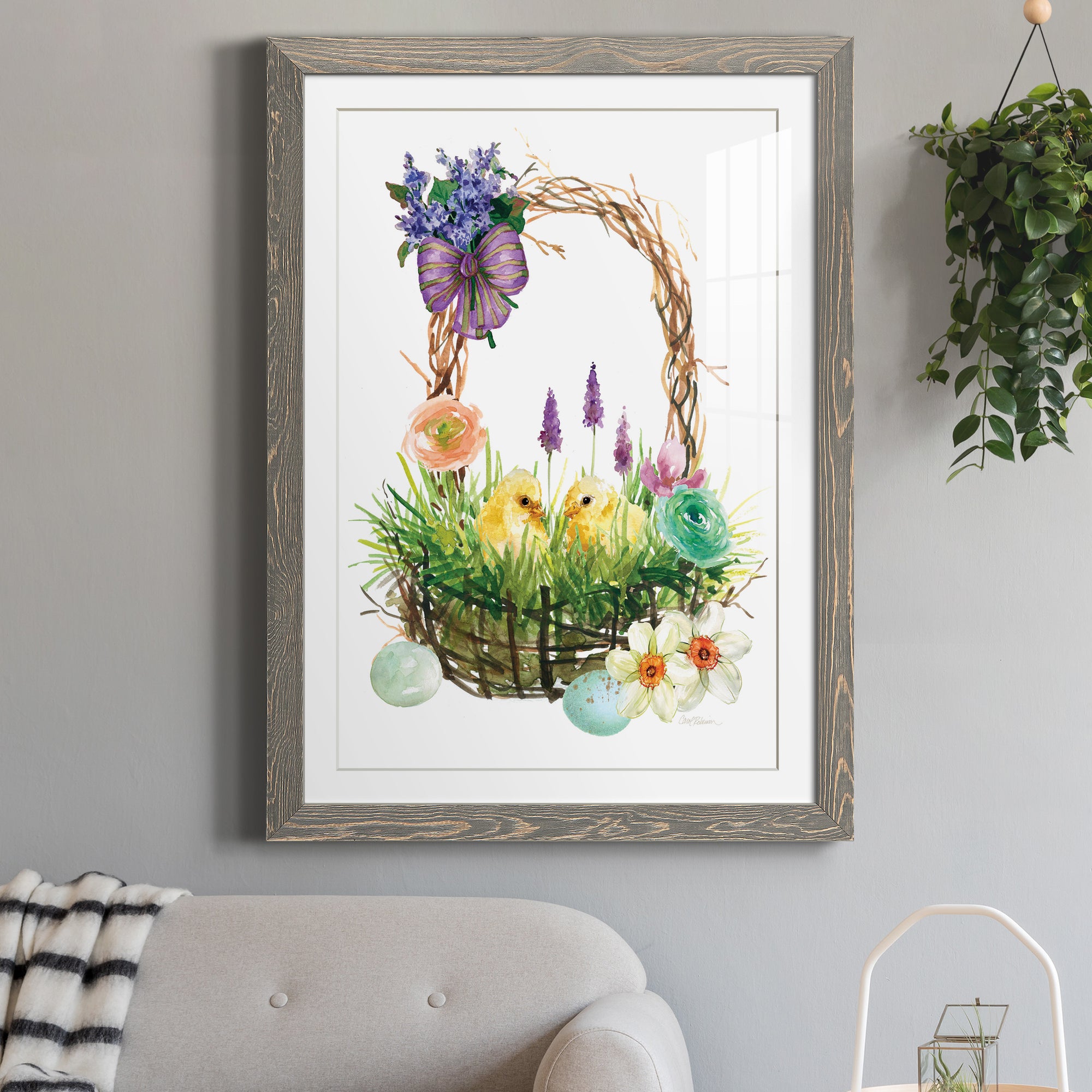 Spring Chick Basket - Barnwood Framed Art Print