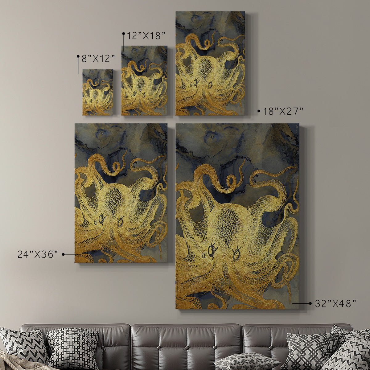 Octopus Ink Gold & Blue II Premium Gallery Wrapped Canvas - Ready to Hang