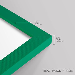 Colorful geometric landscape artwork depicting a coastal view with blue waters and green hills during daytime