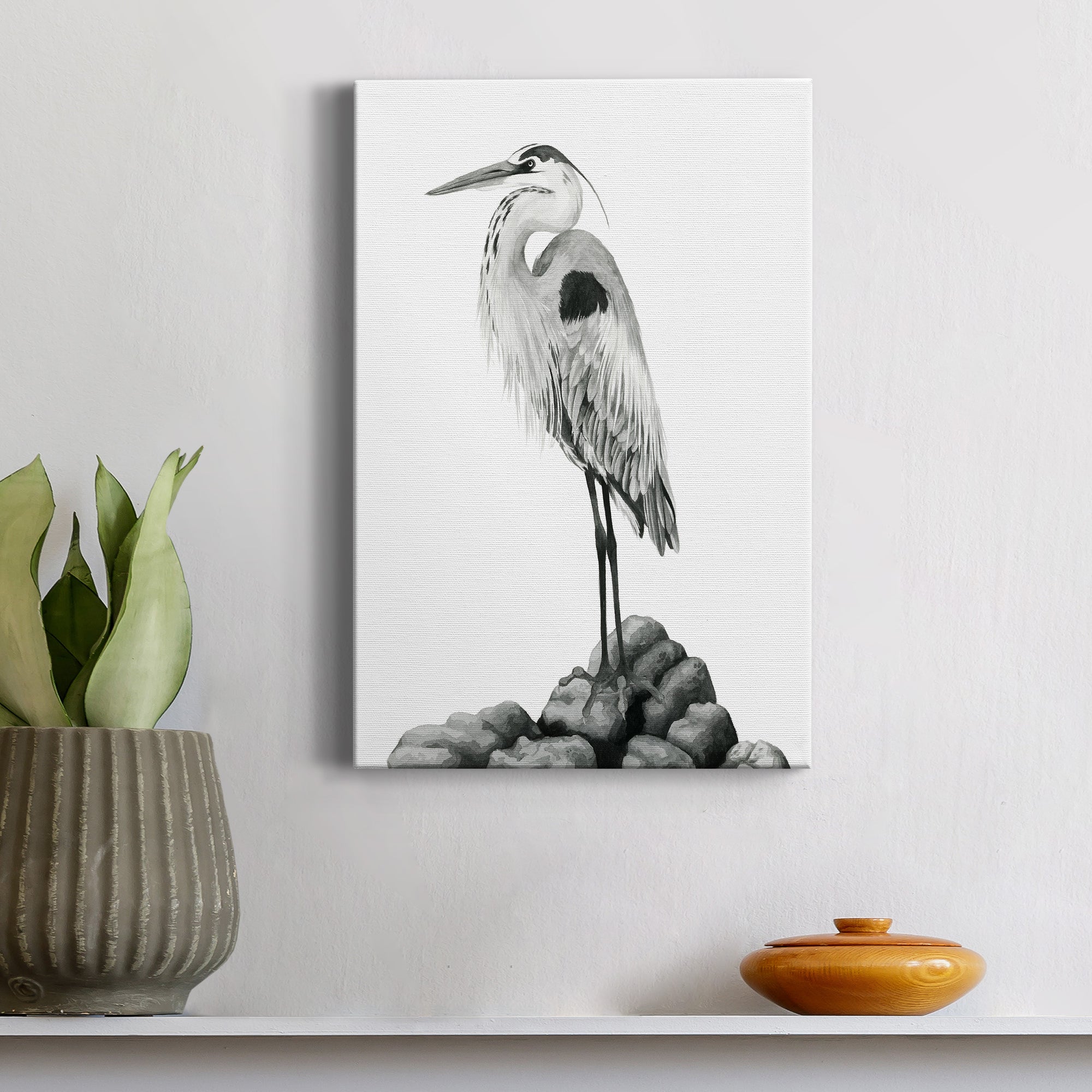 Shoreline Heron in B&W II Premium Gallery Wrapped Canvas - Ready to Hang