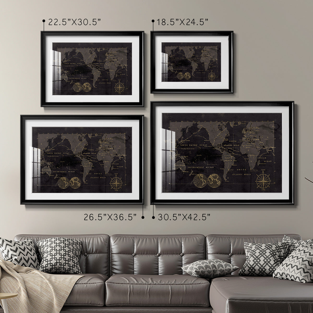 Black Gold Map Premium Framed Print - Ready to Hang