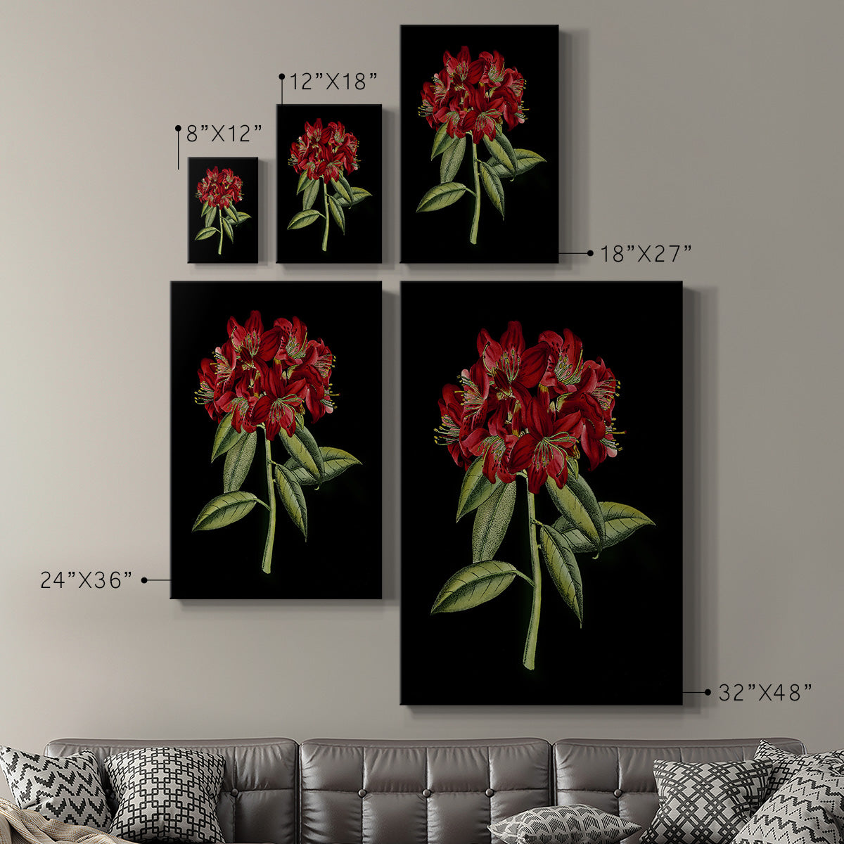 Crimson Flowers on Black (A) II Premium Gallery Wrapped Canvas - Ready to Hang