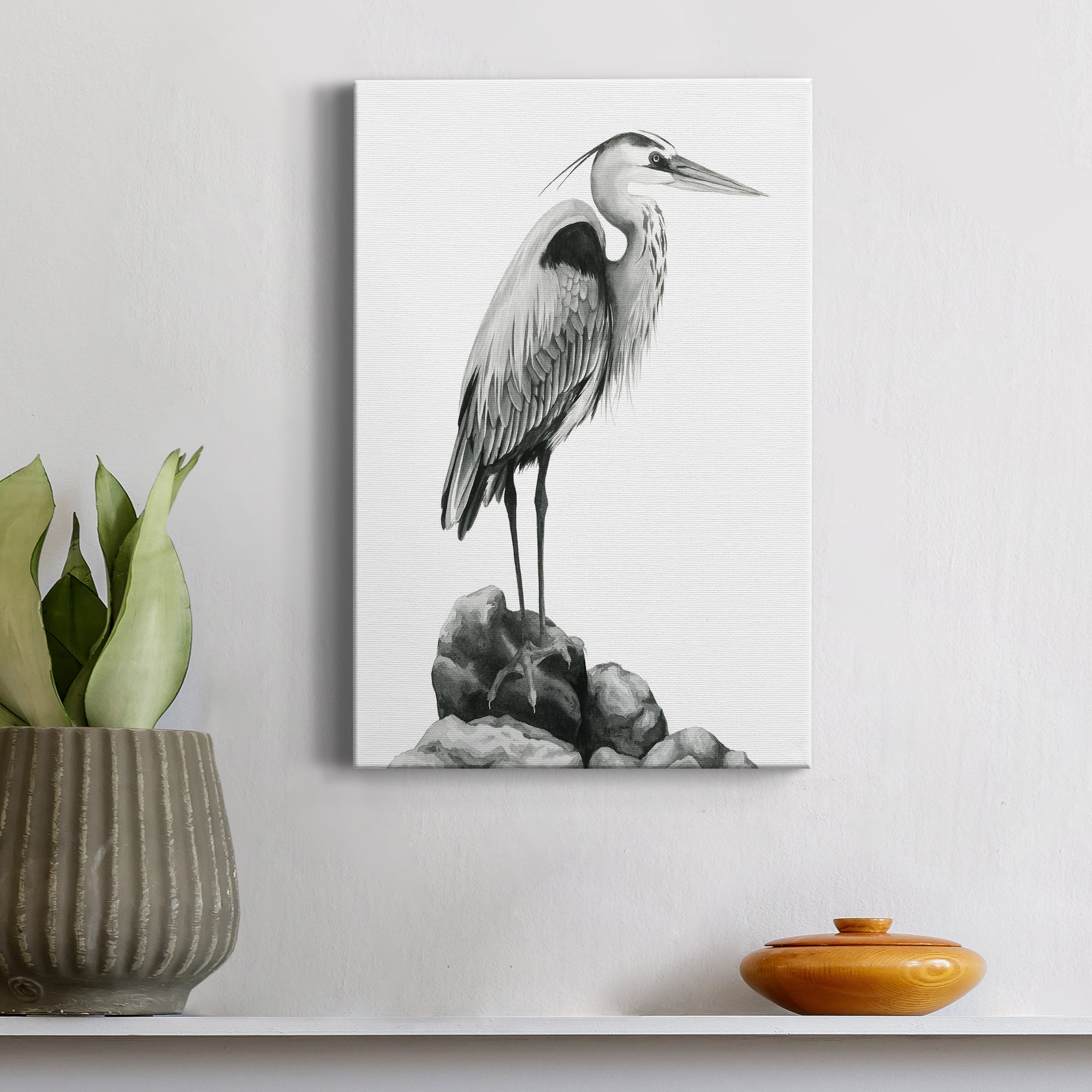 Shoreline Heron in B&W I Premium Gallery Wrapped Canvas - Ready to Hang