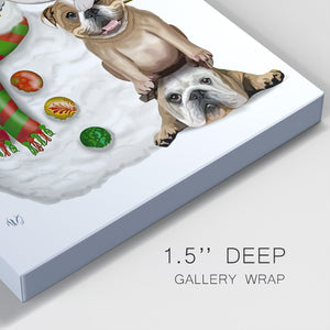 Christmas English Bulldogs Building Snowman - Gallery Wrapped Canvas