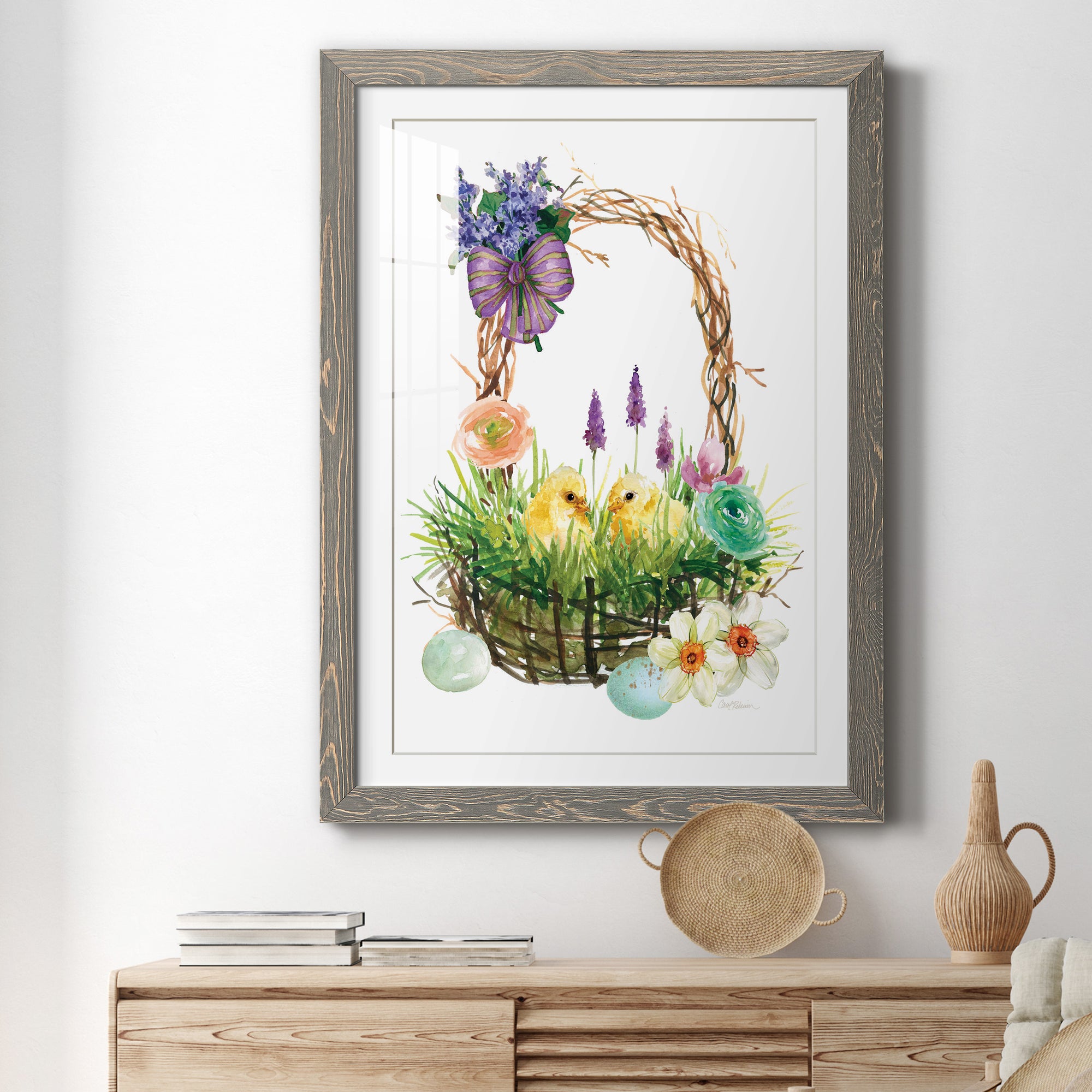 Spring Chick Basket - Barnwood Framed Art Print