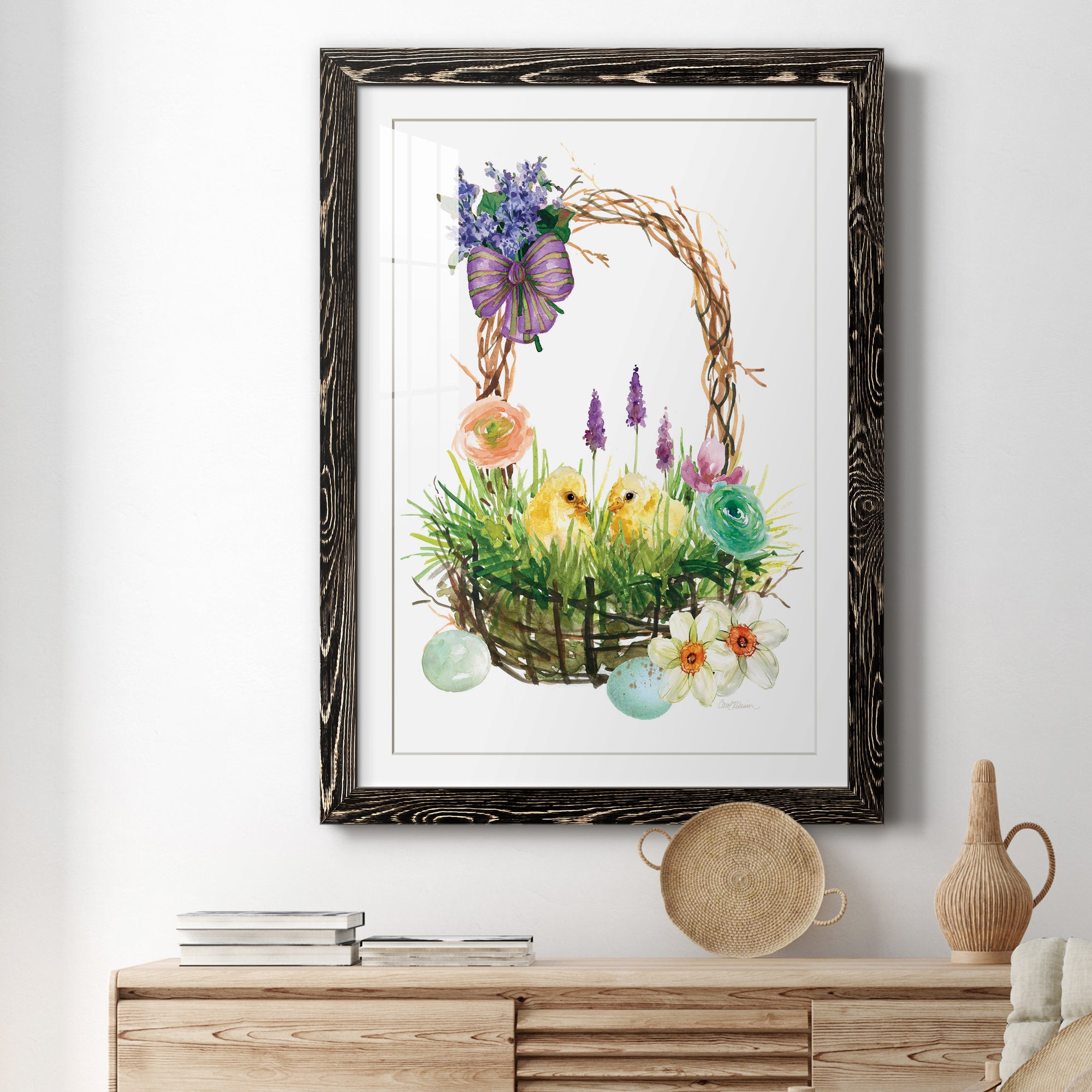 Spring Chick Basket - Barnwood Framed Art Print