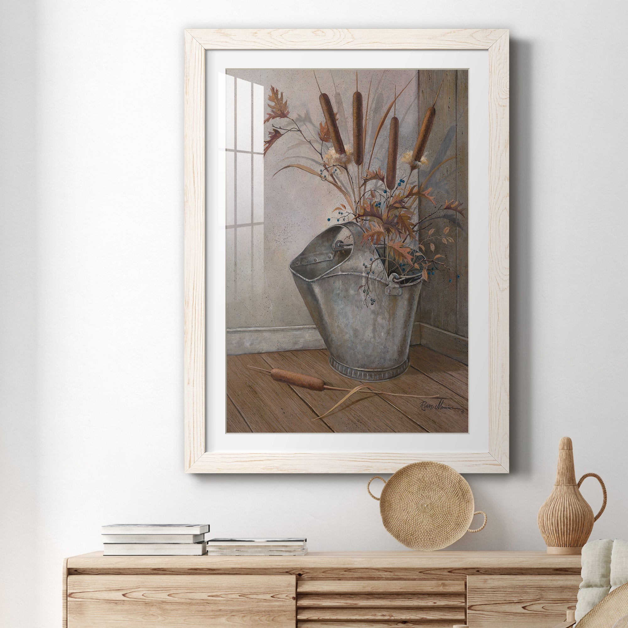 Berries & Cat Tails - Premium Framed Print - Distressed Barnwood Frame - Ready to Hang