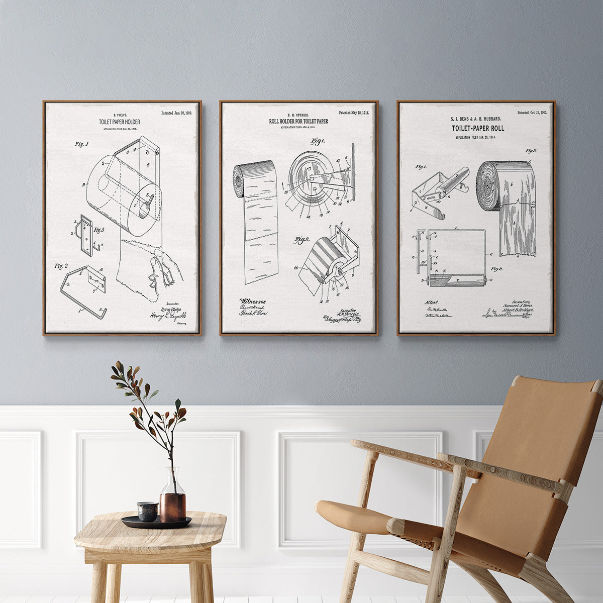 Toilet Paper Patent I - Framed Premium Gallery Wrapped Canvas L Frame 3 Piece Set - Ready to Hang