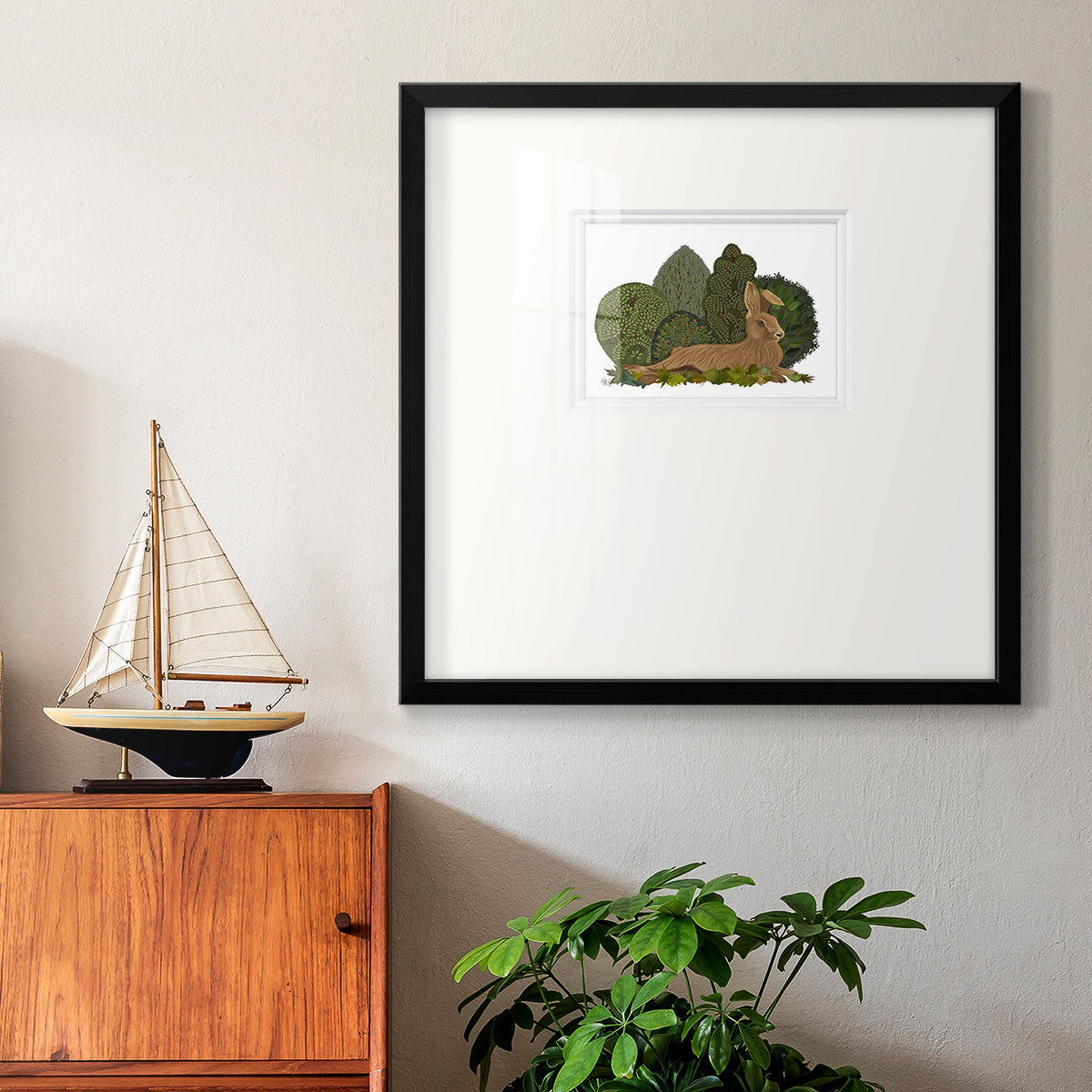 Hare Reclining in Leaves Premium Framed Print Double Matboard