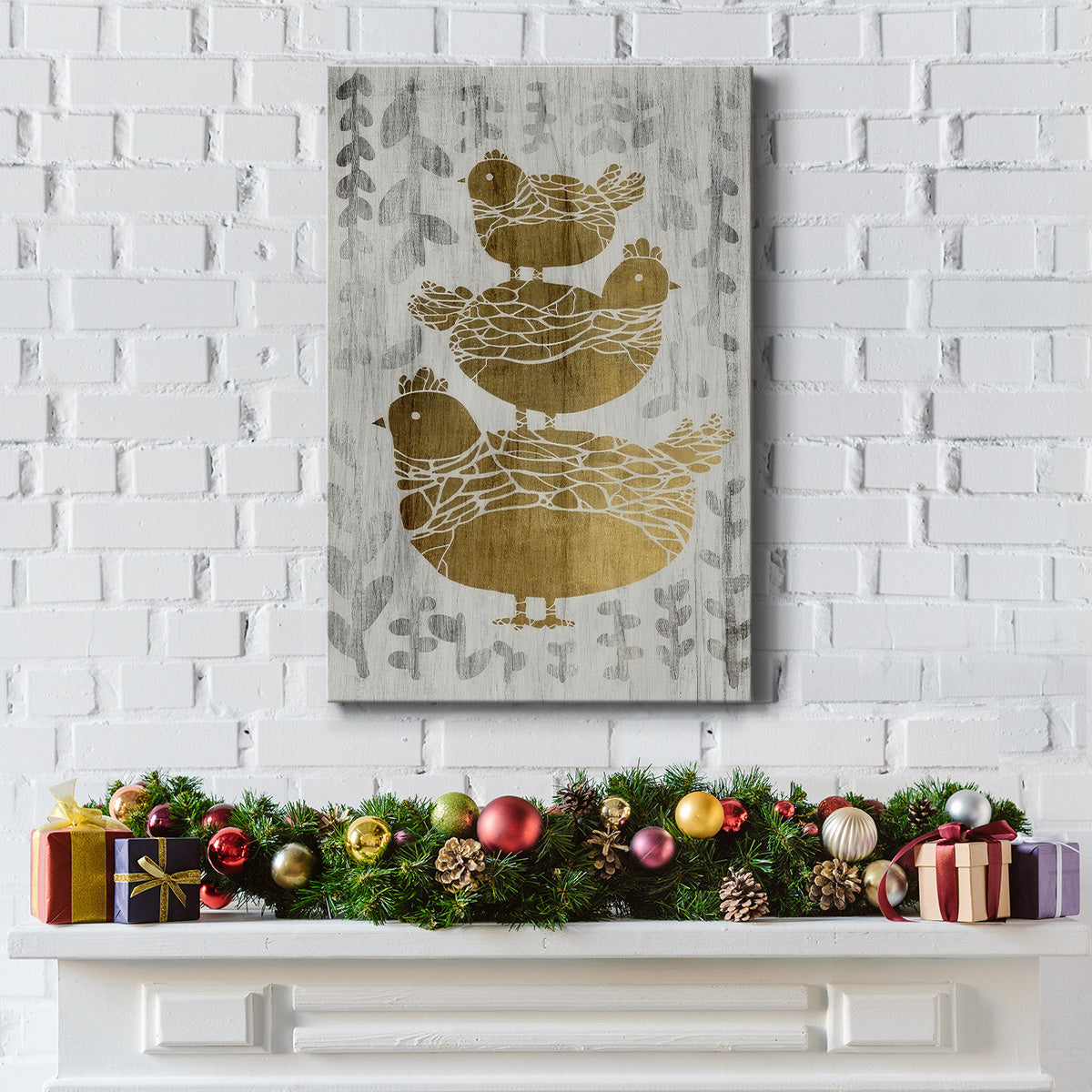 Three French Hens  - Gold Leaf Holiday - Gallery Wrapped Canvas