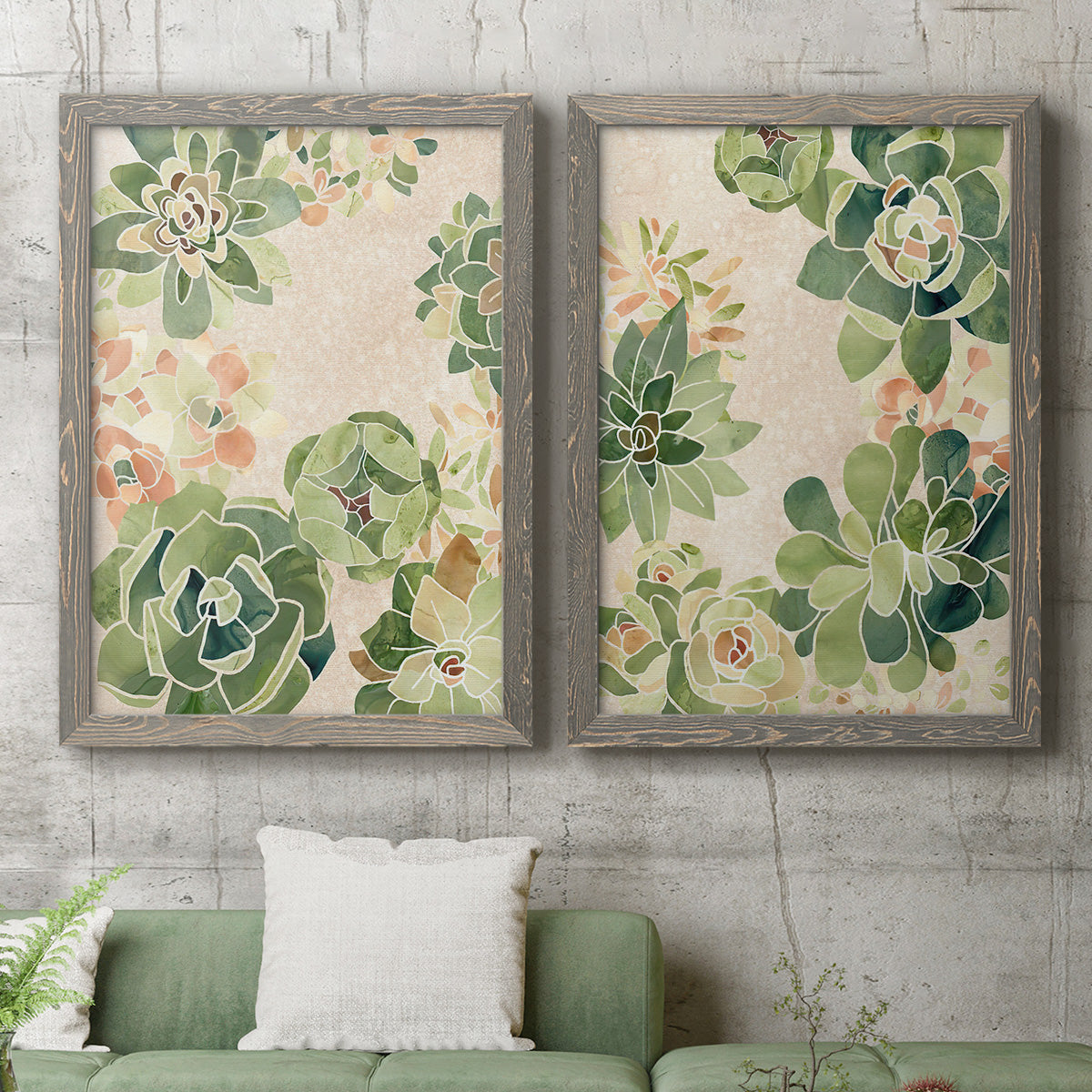 Stained Glass Succulents I - Premium Framed Canvas 2 Piece Set - Ready to Hang