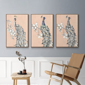 Peacock in Gold I - Framed Premium Gallery Wrapped Canvas L Frame 3 Piece Set - Ready to Hang