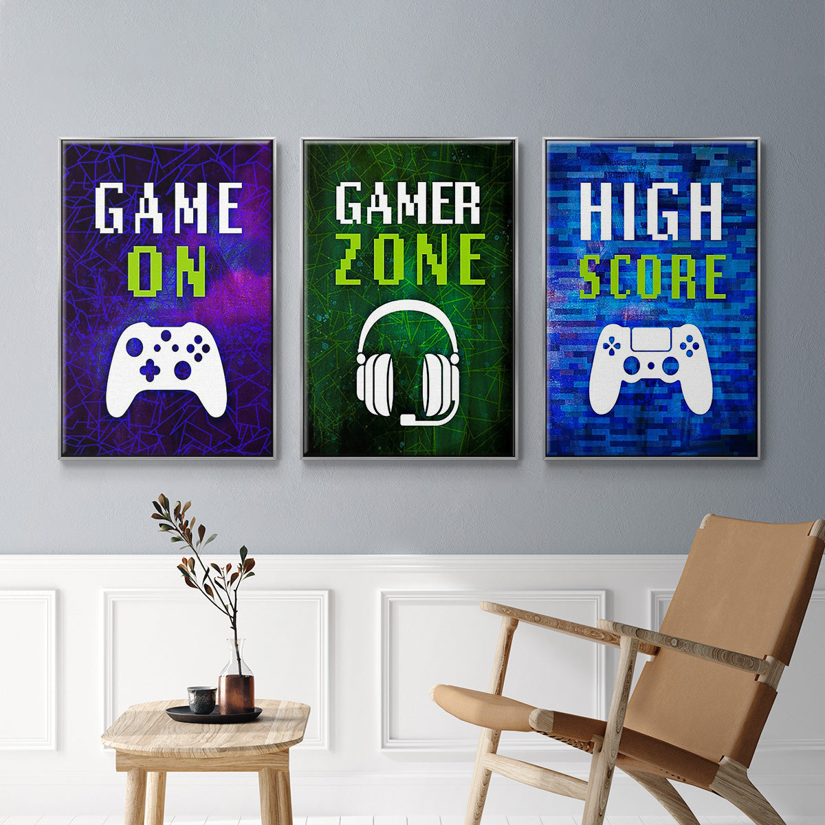 It's Game On I - Framed Premium Gallery Wrapped Canvas L Frame 3 Piece Set - Ready to Hang