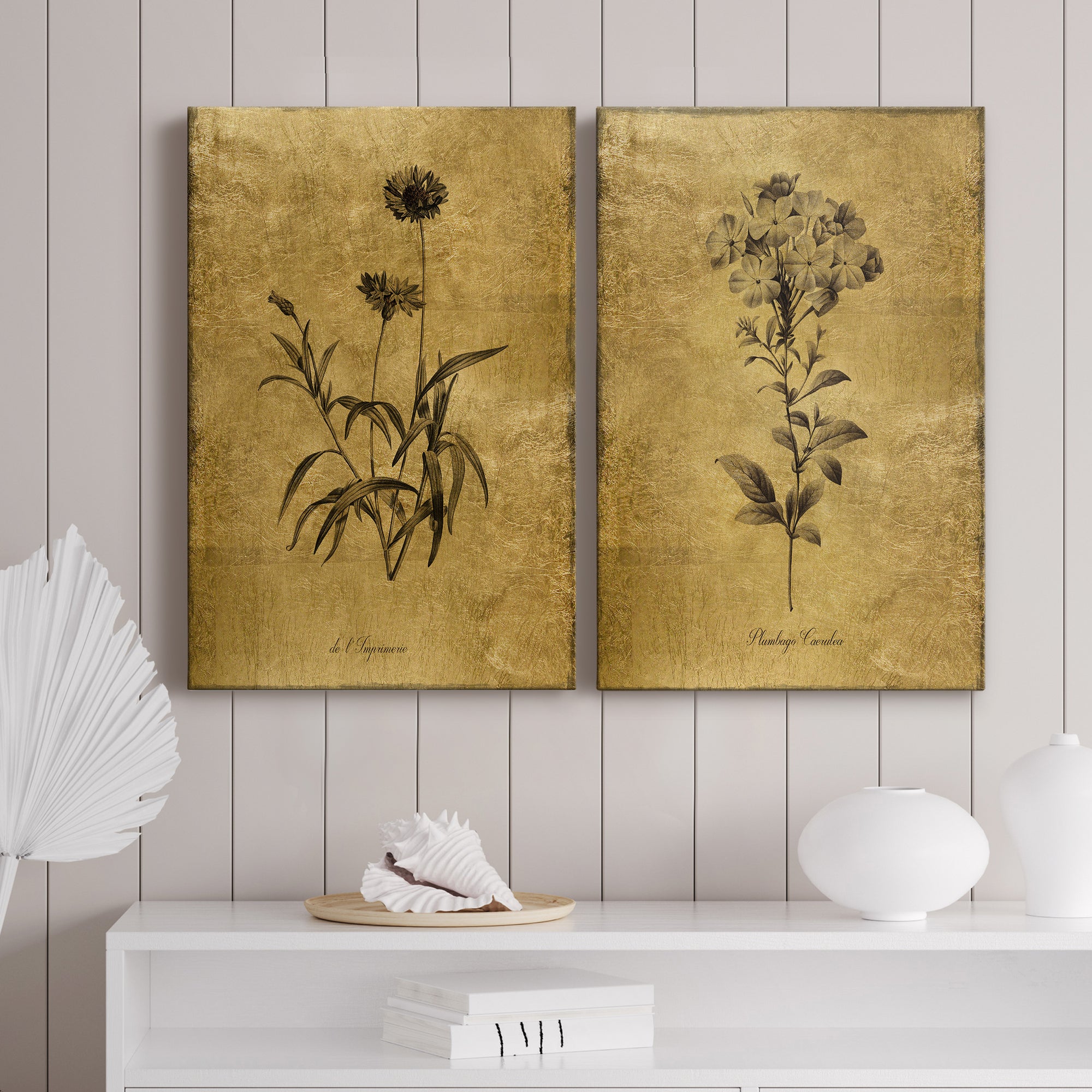 Gold Sketch Botanical I Premium Gallery Wrapped Canvas - Ready to Hang - Set of 2 - 8 x 12 Each