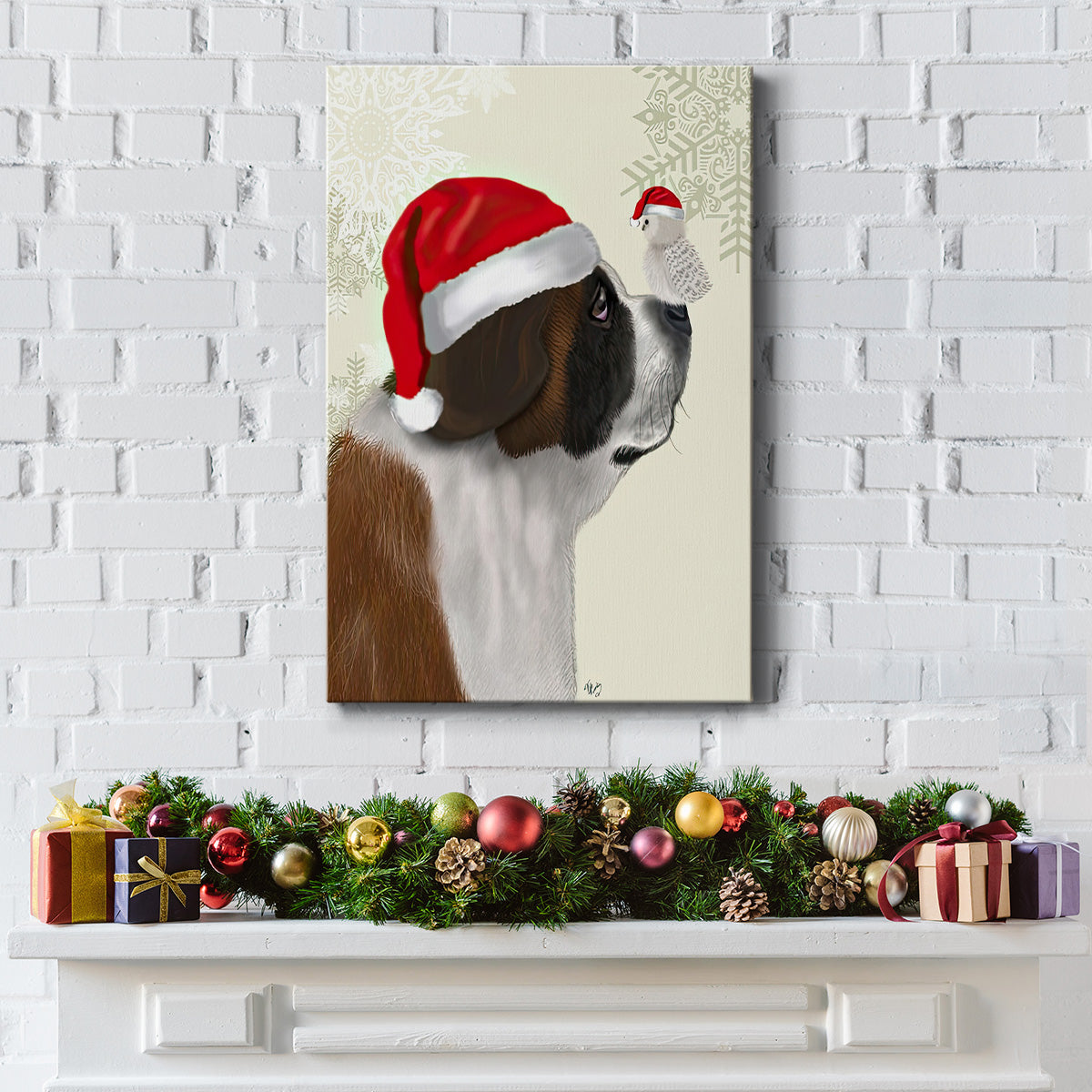Christmas St Bernard and Fluffy Owl - Gallery Wrapped Canvas