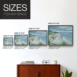 Abstract artwork features a coastal landscape with blue waters and gentle green hills. The composition uses geometric shapes to create a serene and vibrant atmosphere.