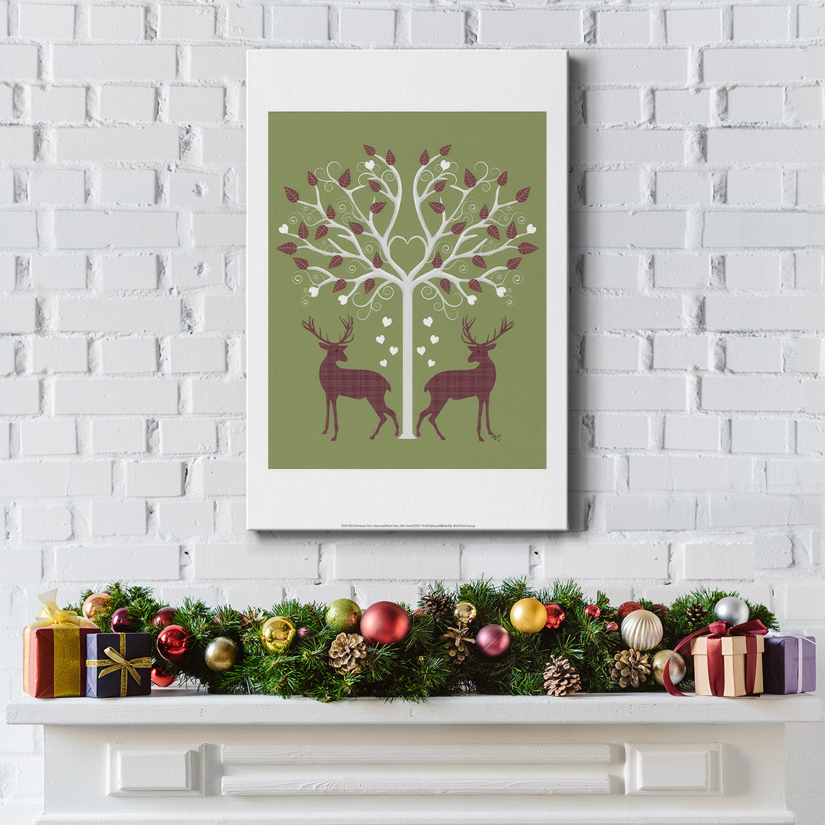 Christmas Des  - Deer and Heart Tree, Pink On Green - Gallery Wrapped Canvas