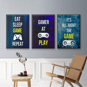 Gamer at Play IV - Framed Premium Gallery Wrapped Canvas L Frame 3 Piece Set - Ready to Hang