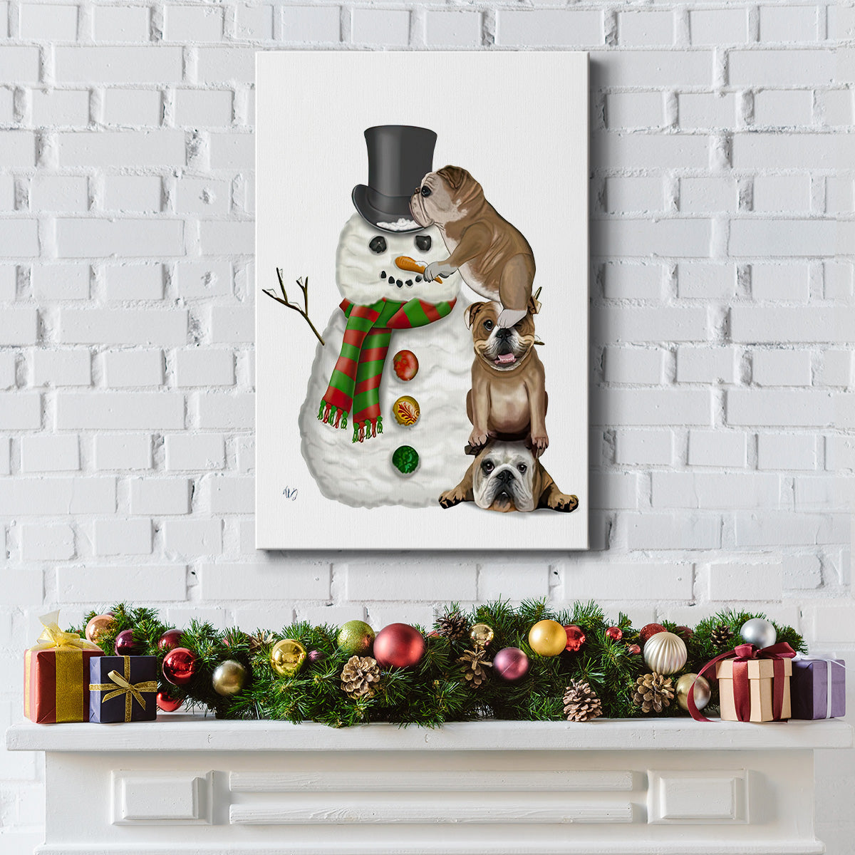 Christmas English Bulldogs Building Snowman - Gallery Wrapped Canvas