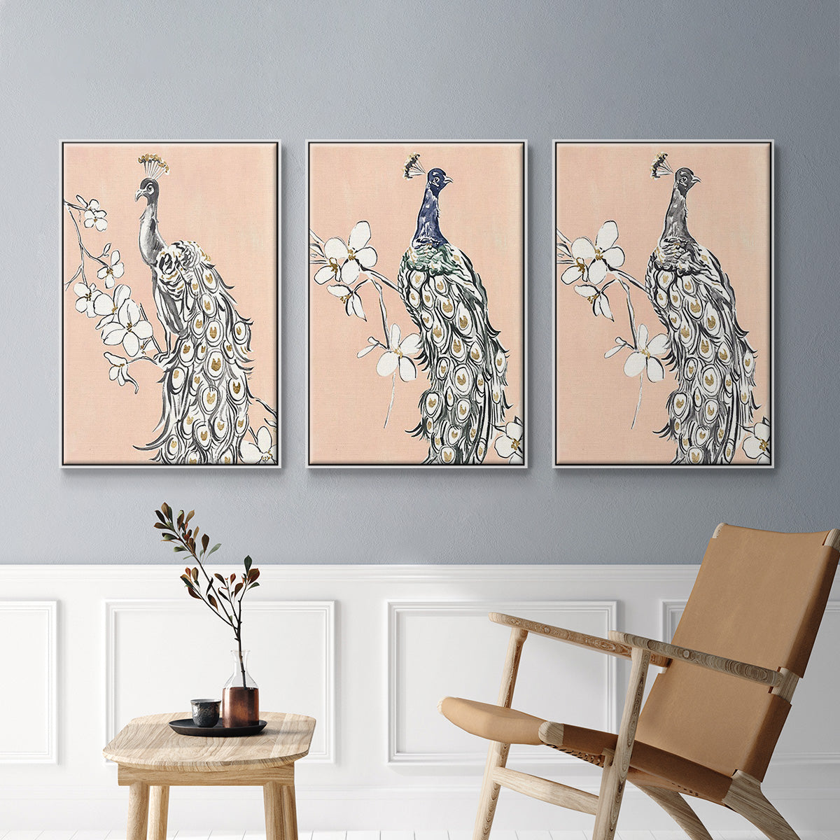 Peacock in Gold I - Framed Premium Gallery Wrapped Canvas L Frame 3 Piece Set - Ready to Hang