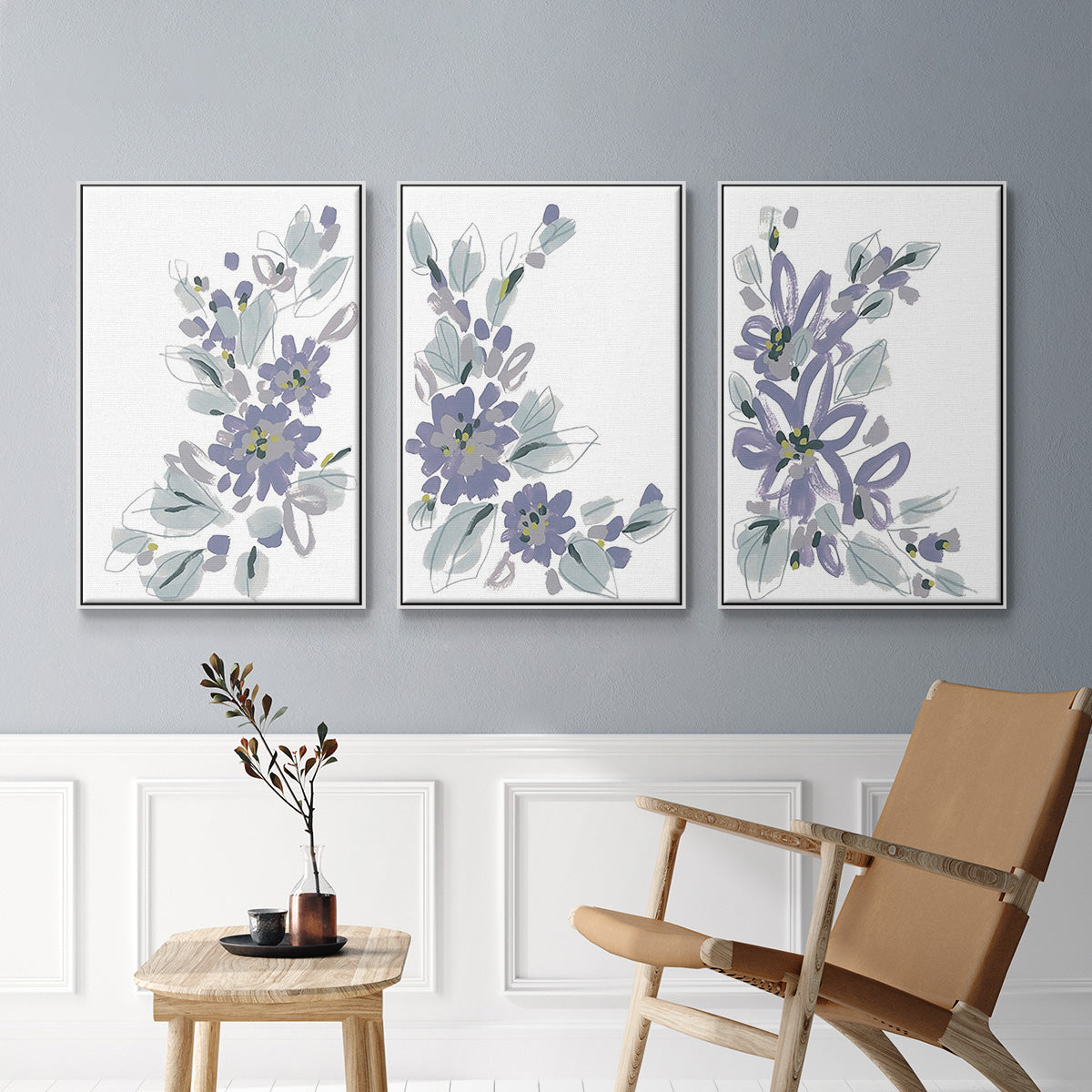 Periwinkle Patch I - Framed Premium Gallery Wrapped Canvas L Frame 3 Piece Set - Ready to Hang