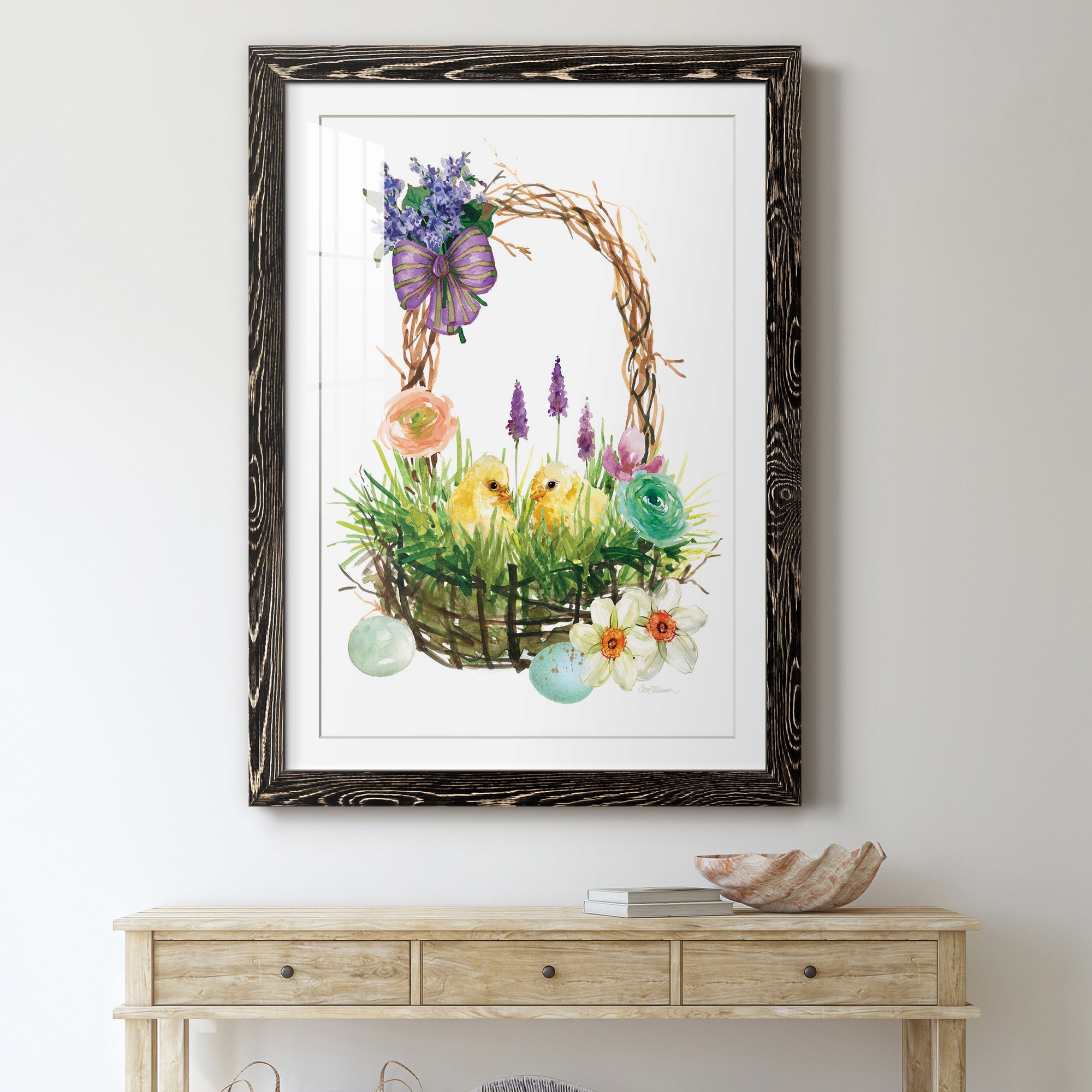 Spring Chick Basket - Barnwood Framed Art Print