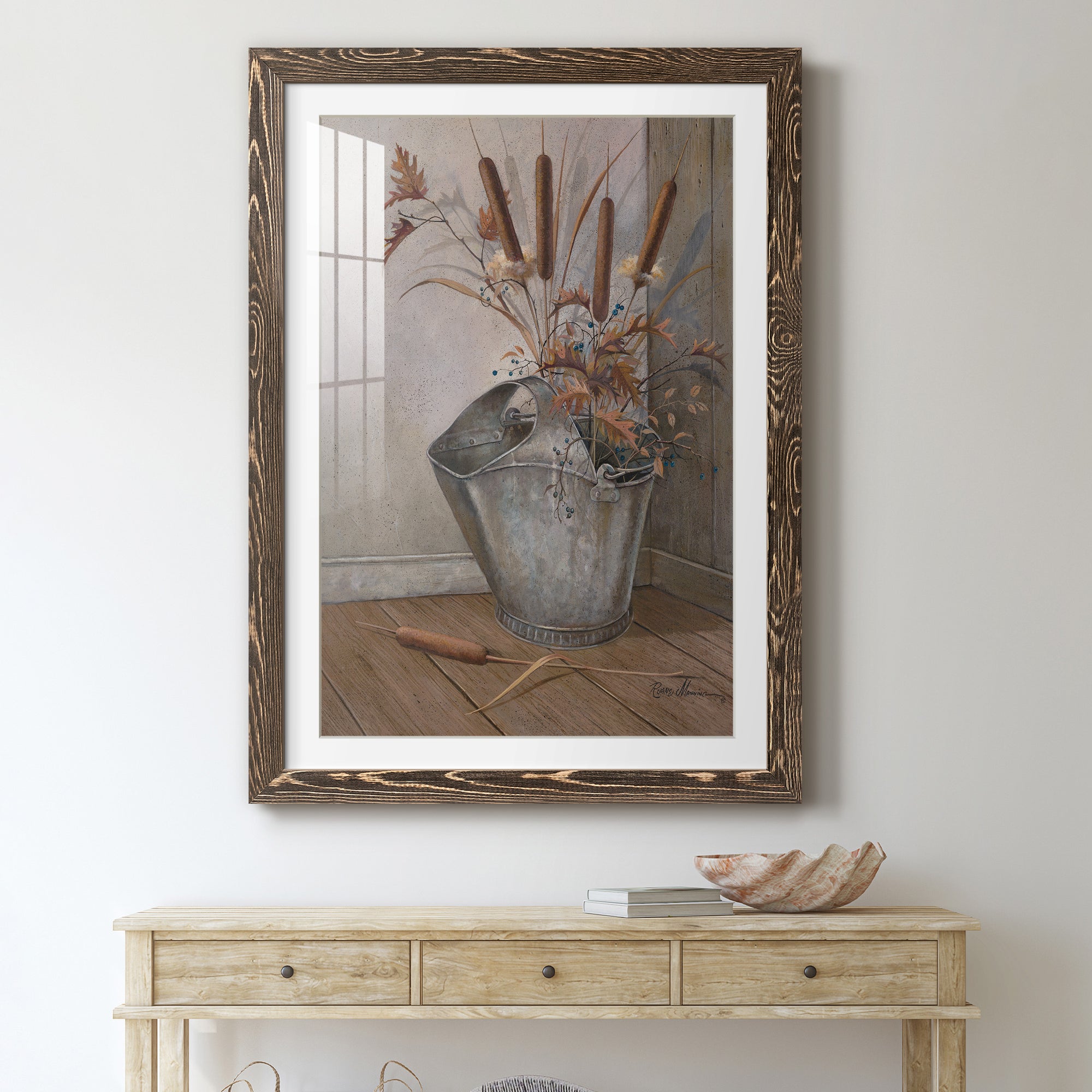 Berries & Cat Tails - Premium Framed Print - Distressed Barnwood Frame - Ready to Hang