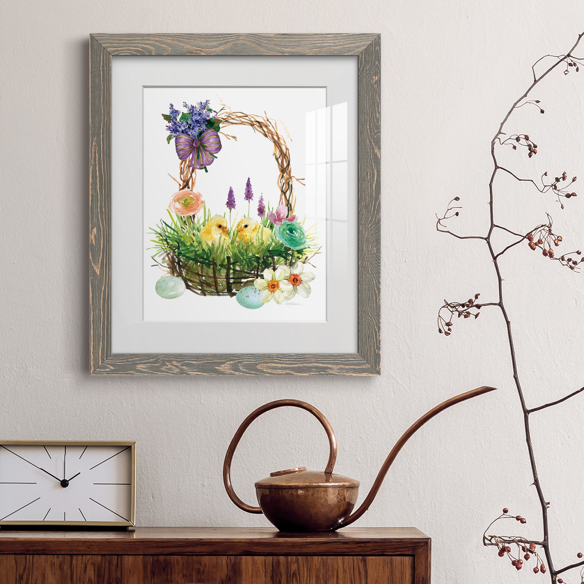 Spring Chick Basket - Barnwood Framed Art Print