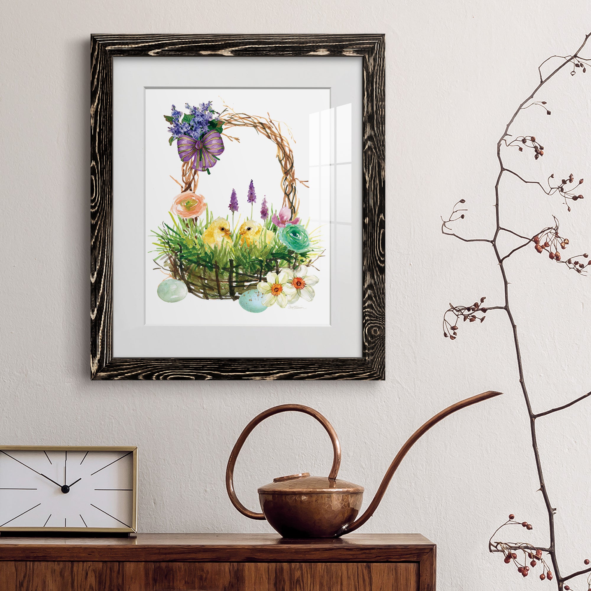 Spring Chick Basket - Barnwood Framed Art Print