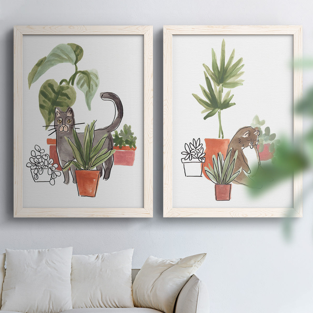 Purrfect Plants I - Premium Framed Canvas 2 Piece Set - Ready to Hang