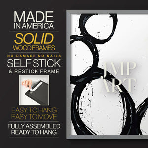 Colorful geometric landscape artwork depicting a coastal view with blue waters and green hills during daytime