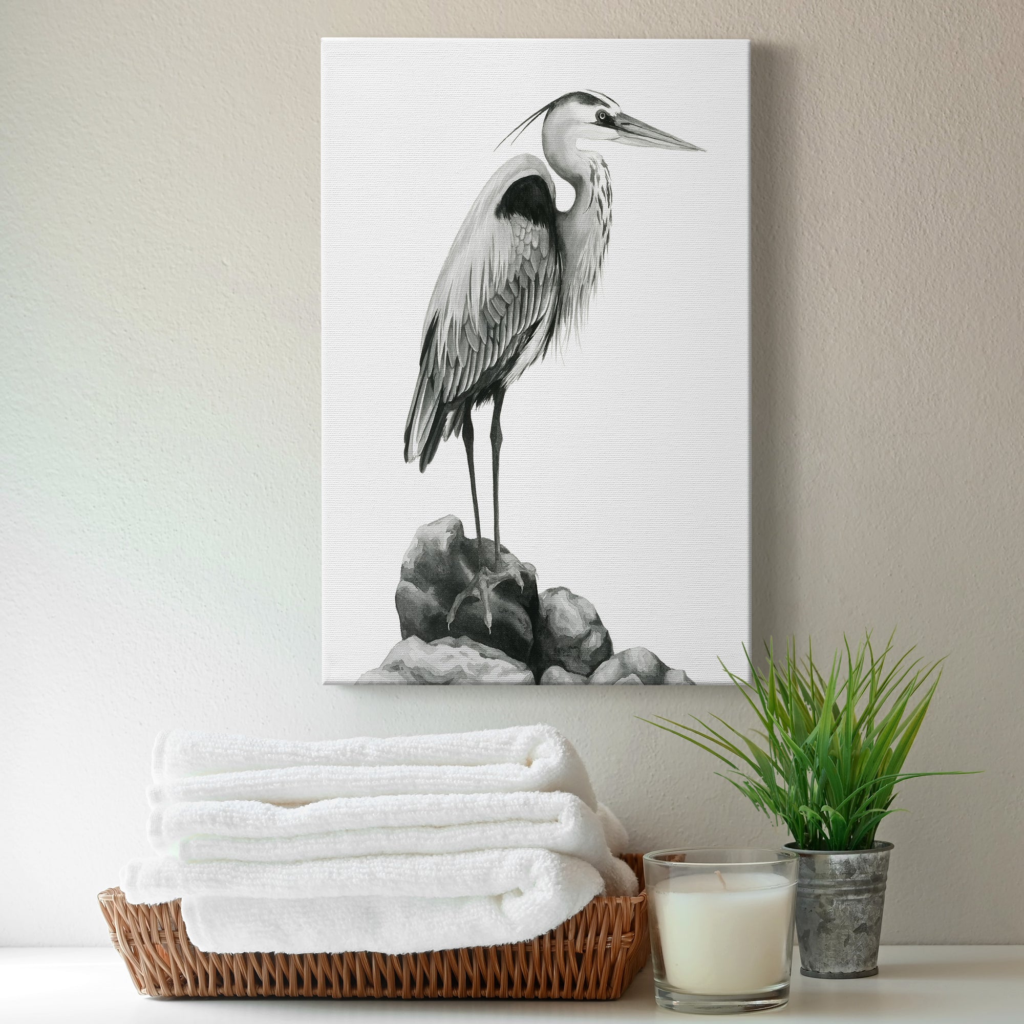 Shoreline Heron in B&W I Premium Gallery Wrapped Canvas - Ready to Hang