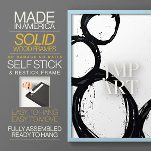 Colorful geometric landscape artwork depicting a coastal view with blue waters and green hills during daytime