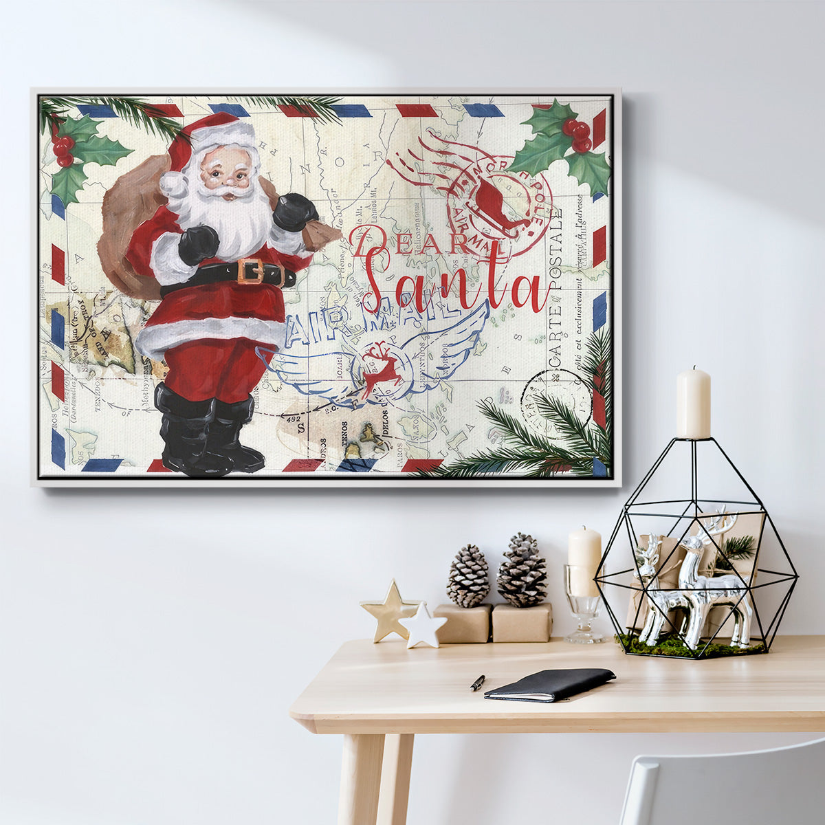 Christmas Par Avion Collection A - Framed Gallery Wrapped Canvas in Floating Frame