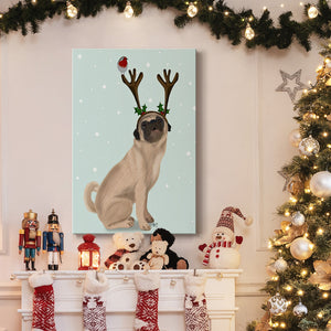 Christmas Pug with Antlers and Robin - Gallery Wrapped Canvas