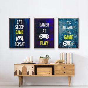 Gamer at Play IV - Framed Premium Gallery Wrapped Canvas L Frame 3 Piece Set - Ready to Hang