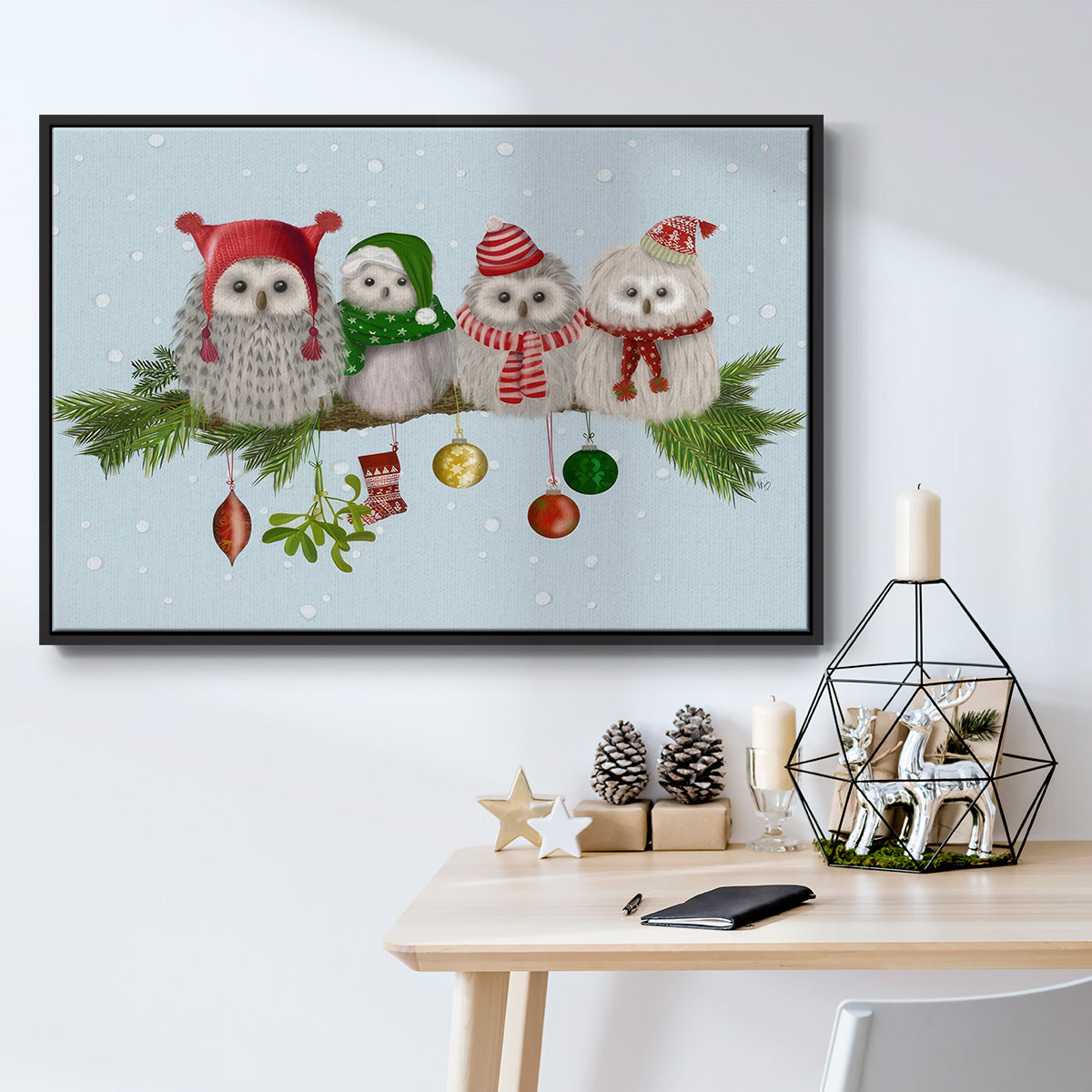 Christmas Fluffy Christmas Owls on Branch - Framed Gallery Wrapped Canvas in Floating Frame