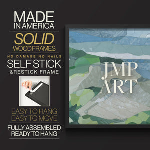 Abstract artwork features a coastal landscape with blue waters and gentle green hills. The composition uses geometric shapes to create a serene and vibrant atmosphere.