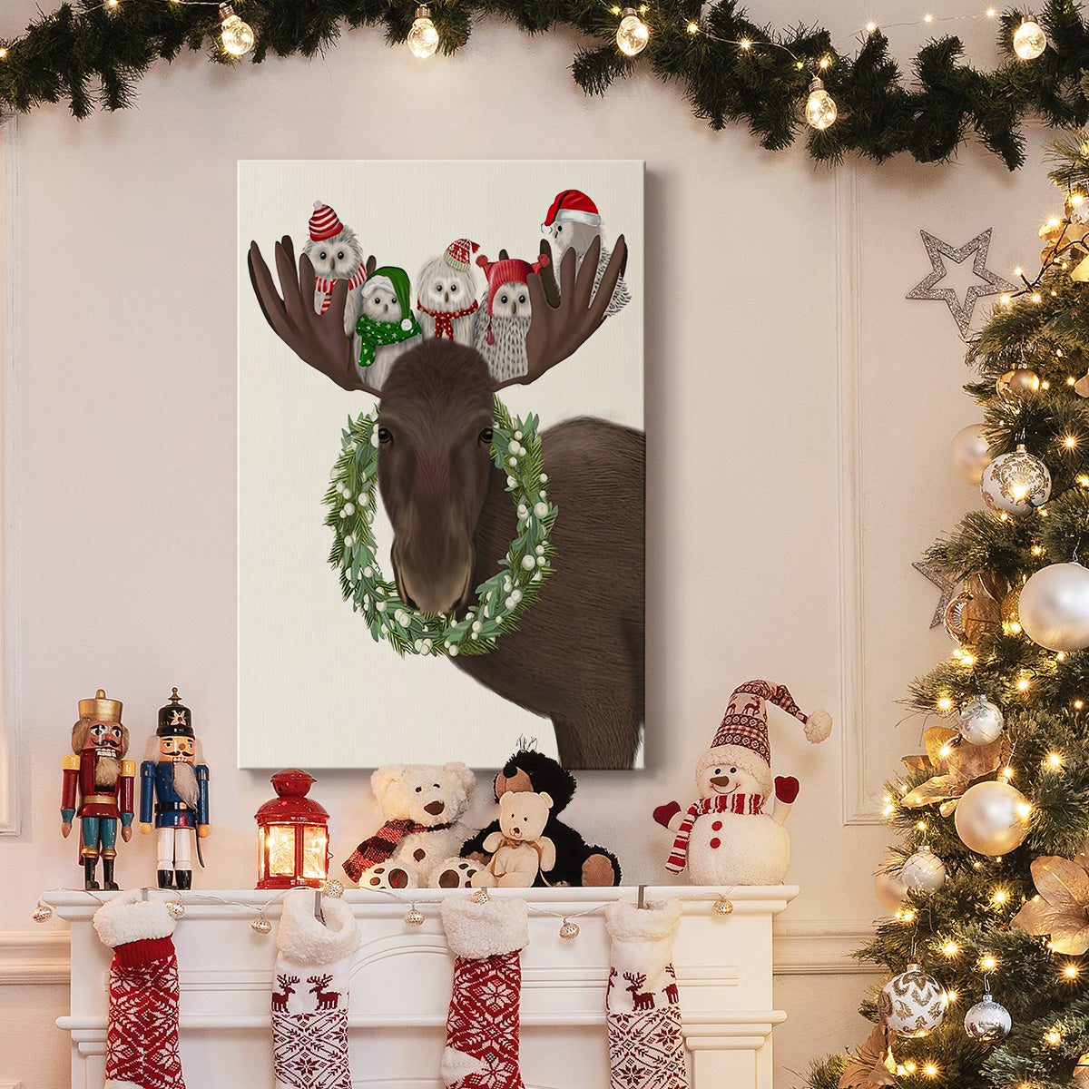 Christmas Moose and Christmas Owls - Gallery Wrapped Canvas