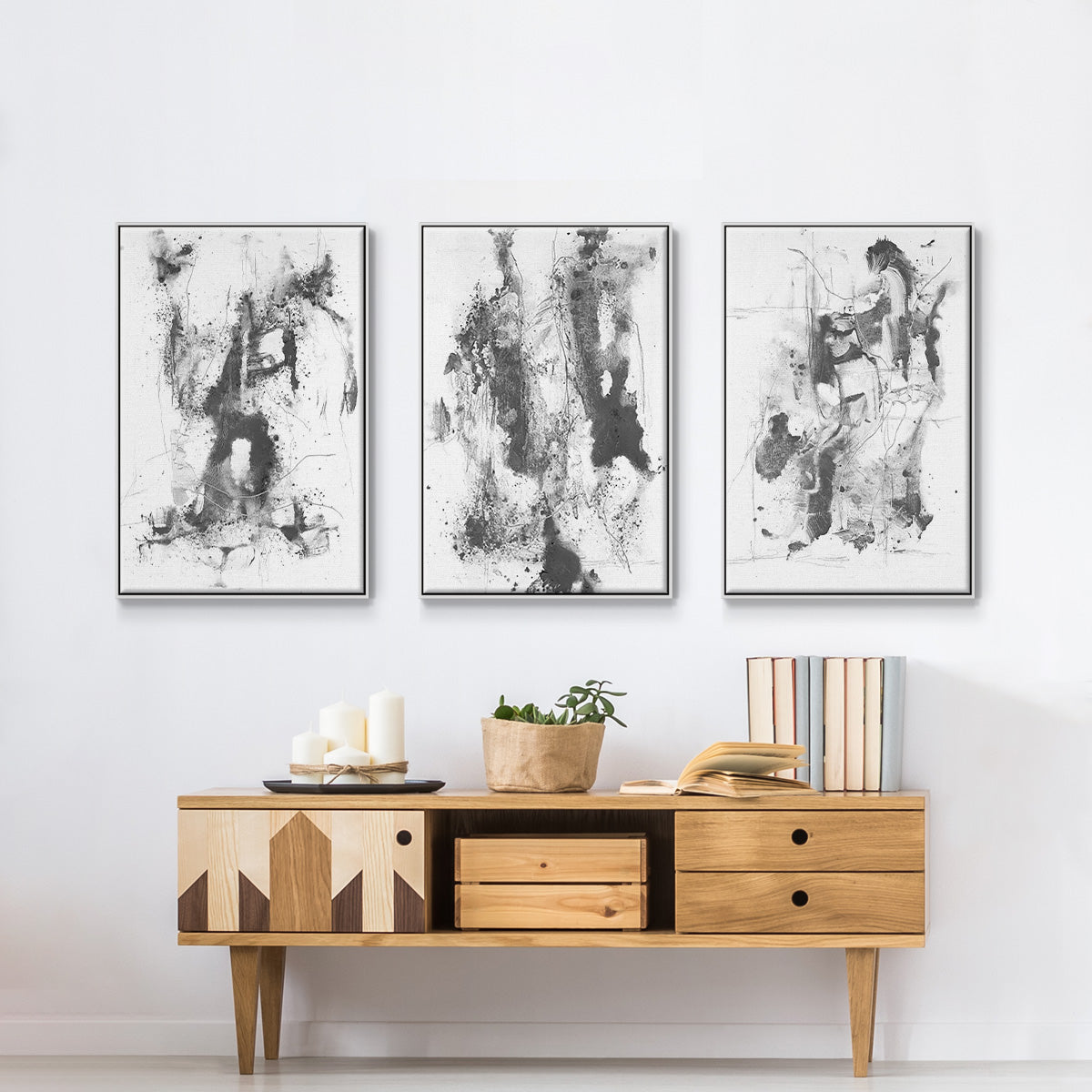 Graphite Abstract I - Framed Premium Gallery Wrapped Canvas L Frame 3 Piece Set - Ready to Hang
