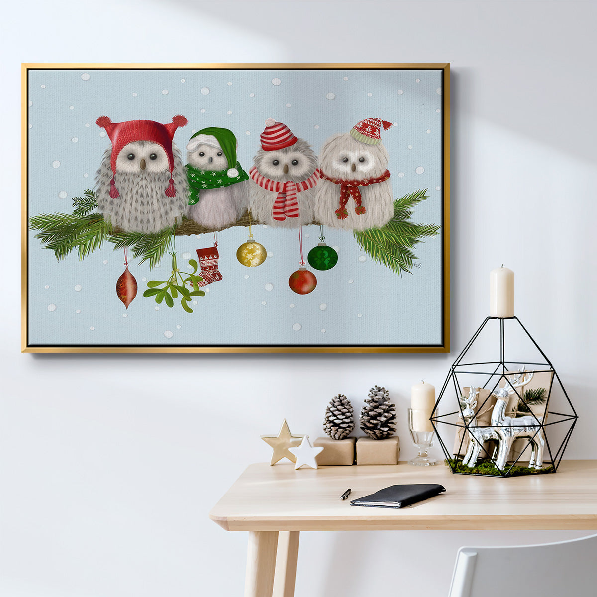 Christmas Fluffy Christmas Owls on Branch - Framed Gallery Wrapped Canvas in Floating Frame