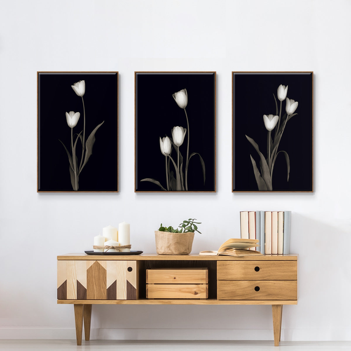 Tulip Pose I - Framed Premium Gallery Wrapped Canvas L Frame 3 Piece Set - Ready to Hang