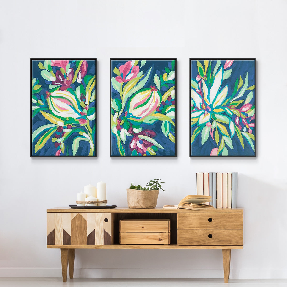 Blue Tropics I - Framed Premium Gallery Wrapped Canvas L Frame 3 Piece Set - Ready to Hang