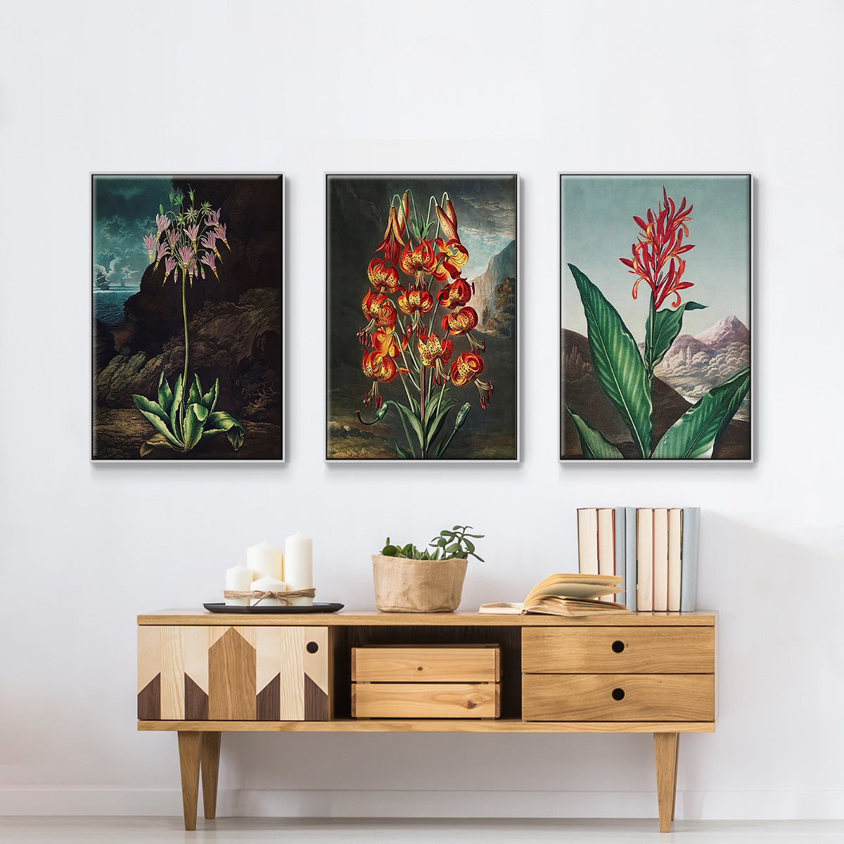 Temple of Flora I - Framed Premium Gallery Wrapped Canvas L Frame 3 Piece Set - Ready to Hang